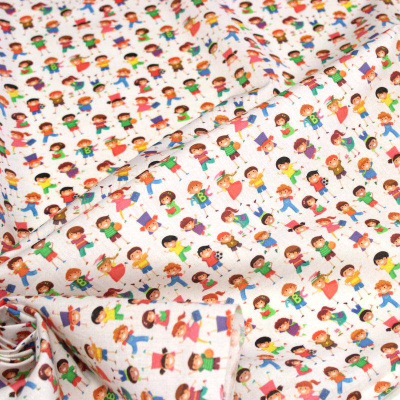 Tissu cotonnade enfant LA JOYEUSE RÉCRÉ – Petits écoliers multicolores, garçons et filles