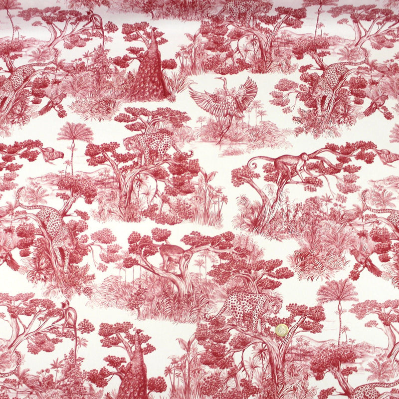 Tissu Toile de Jouy moderne rouge, forêt tropicale, singes et léopards - COLLECTION ANIMALIA, par la maison Thevenon - TissusPapi.com