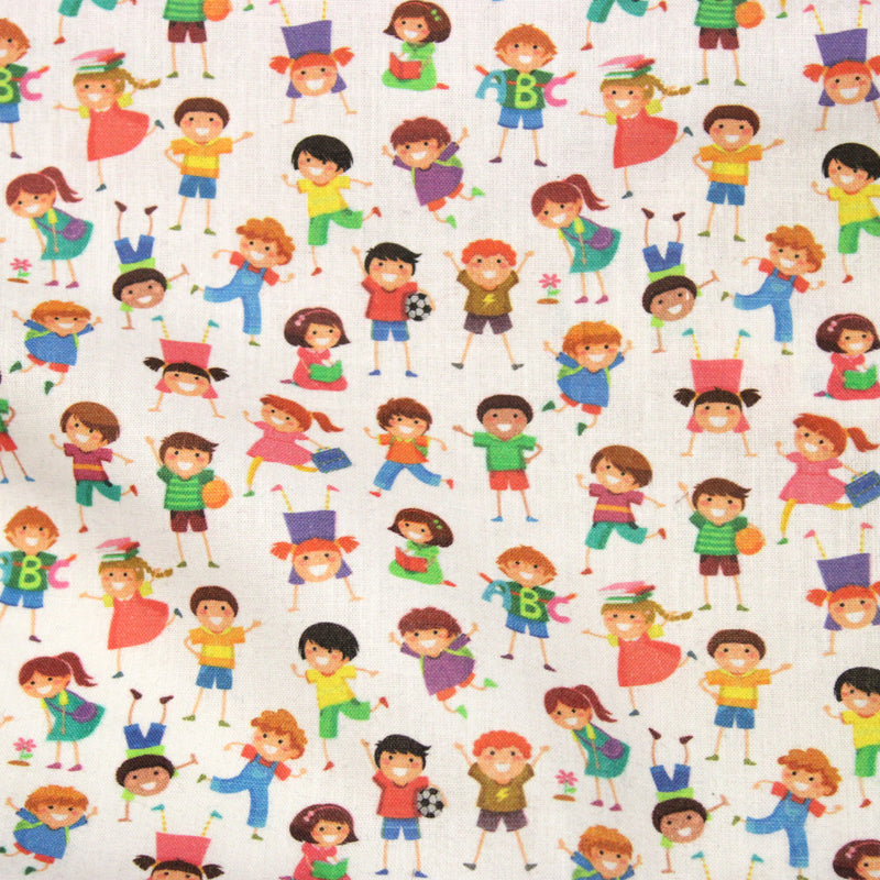 Tissu cotonnade enfant LA JOYEUSE RÉCRÉ – Petits écoliers multicolores, garçons et filles