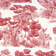 Tissu Toile de Jouy moderne rouge, forêt tropicale, singes et léopards - COLLECTION ANIMALIA, par la maison Thevenon - TissusPapi.com