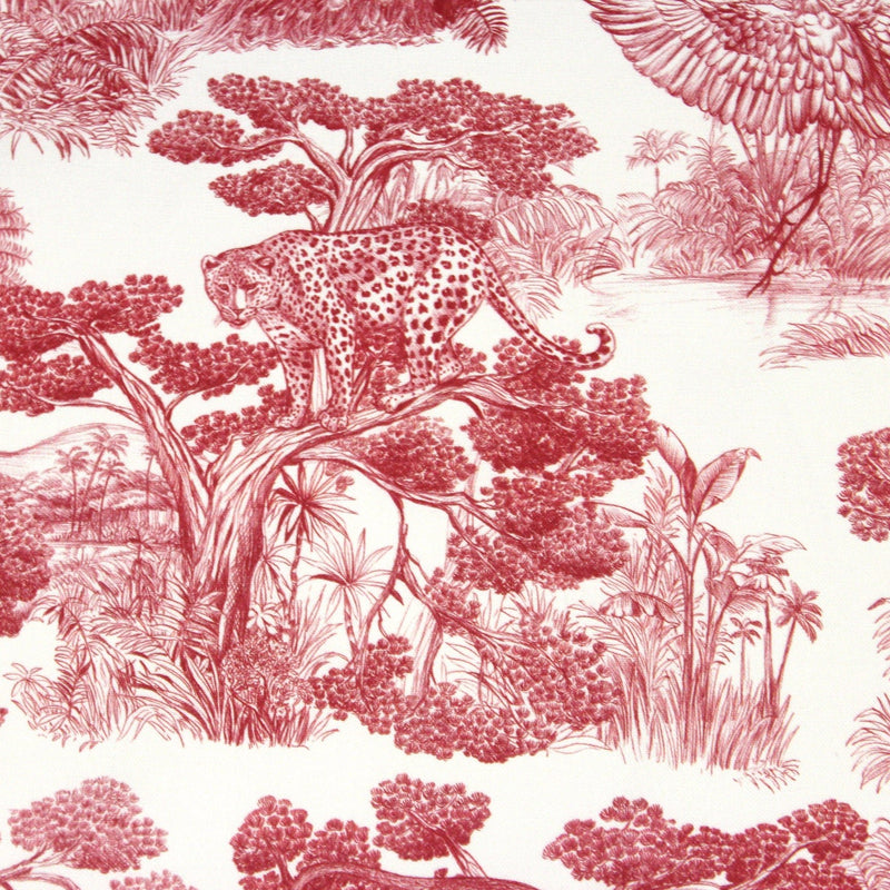 Tissu Toile de Jouy moderne rouge, forêt tropicale, singes et léopards - COLLECTION ANIMALIA, par la maison Thevenon - TissusPapi.com