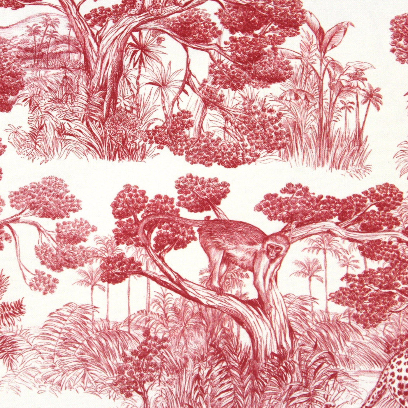Tissu Toile de Jouy moderne rouge, forêt tropicale, singes et léopards ...