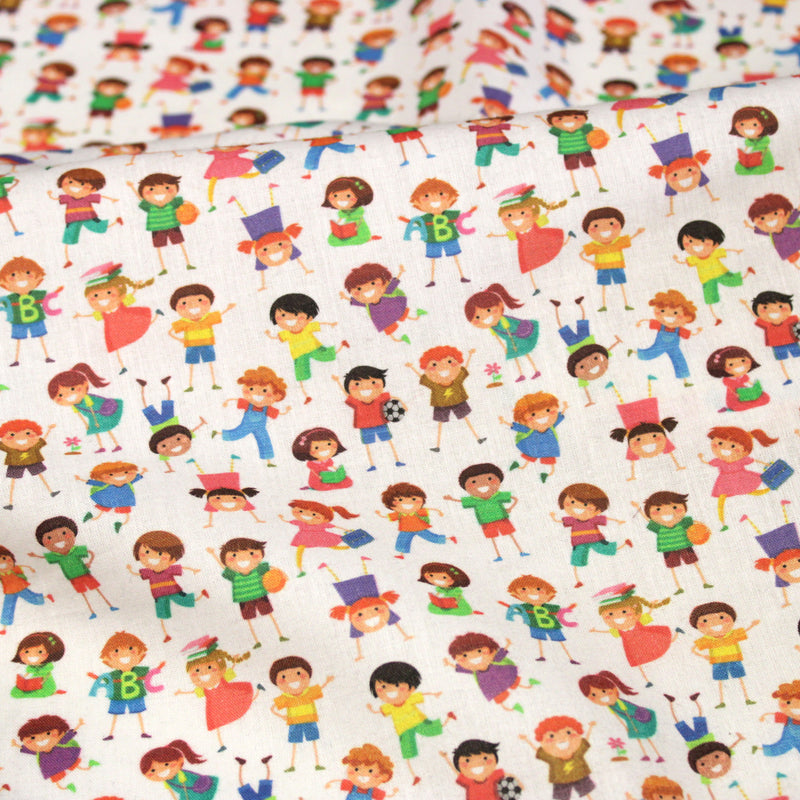 Tissu cotonnade enfant LA JOYEUSE RÉCRÉ – Petits écoliers multicolores, garçons et filles