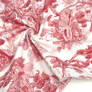 Tissu Toile de Jouy moderne rouge, forêt tropicale, singes et léopards - COLLECTION ANIMALIA, par la maison Thevenon - TissusPapi.com