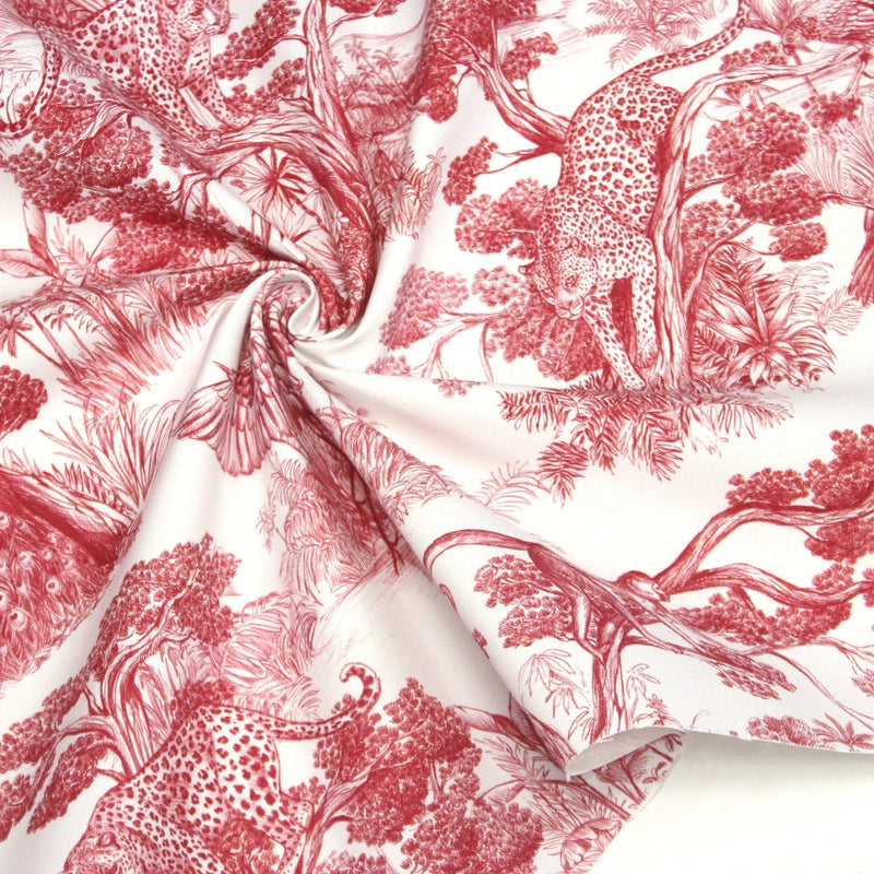Tissu Toile de Jouy moderne rouge, forêt tropicale, singes et léopards - COLLECTION ANIMALIA, par la maison Thevenon - TissusPapi.com