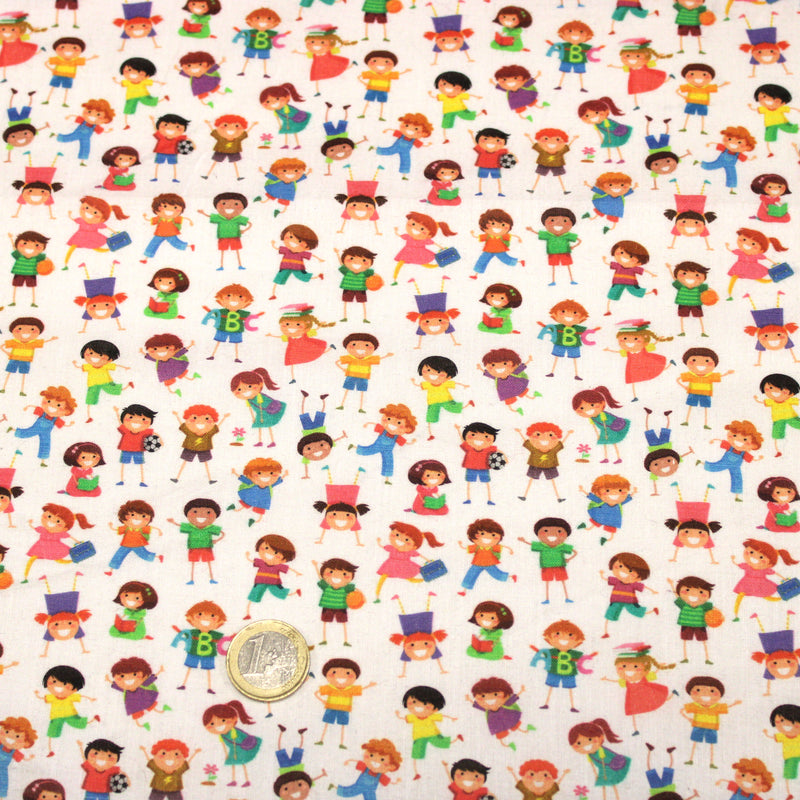 Tissu cotonnade enfant LA JOYEUSE RÉCRÉ – Petits écoliers multicolores, garçons et filles