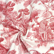 Tissu Toile de Jouy moderne rouge, forêt tropicale, singes et léopards - COLLECTION ANIMALIA, par la maison Thevenon - TissusPapi.com