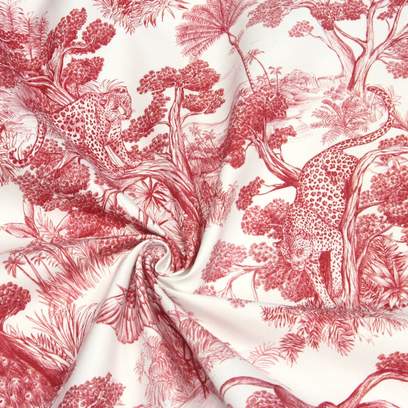 Tissu Toile de Jouy moderne rouge, forêt tropicale, singes et léopards - COLLECTION ANIMALIA, par la maison Thevenon - TissusPapi.com