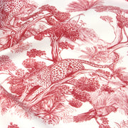 Tissu Toile de Jouy moderne rouge, forêt tropicale, singes et léopards - COLLECTION ANIMALIA, par la maison Thevenon - TissusPapi.com