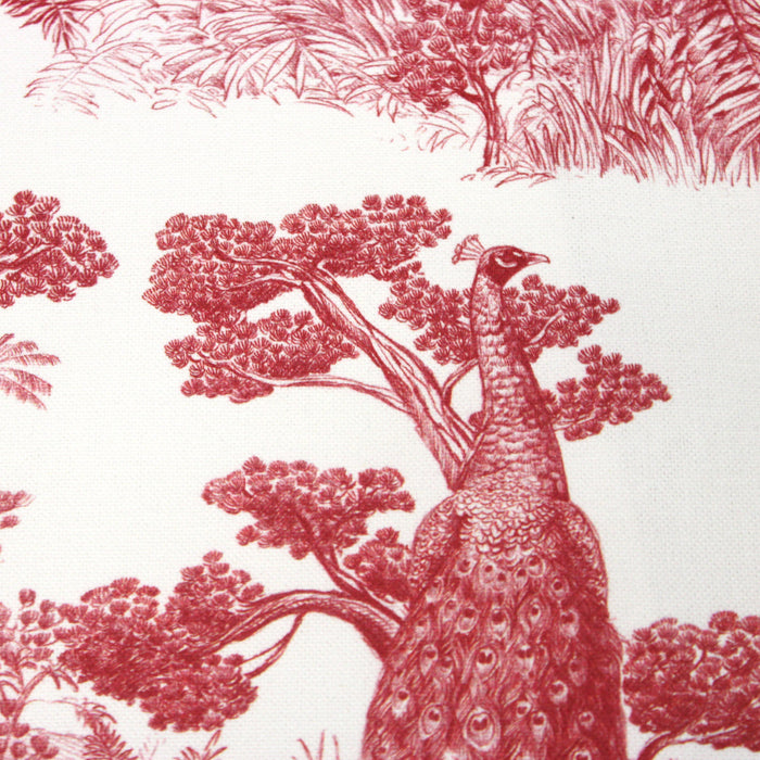 Tissu Toile de Jouy moderne rouge, forêt tropicale, singes et léopards - COLLECTION ANIMALIA, par la maison Thevenon