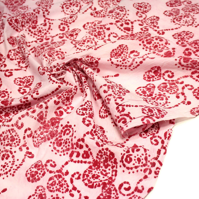 Tissu coton block print rose pâle aux coeurs roses rouges - MADE IN INDIA