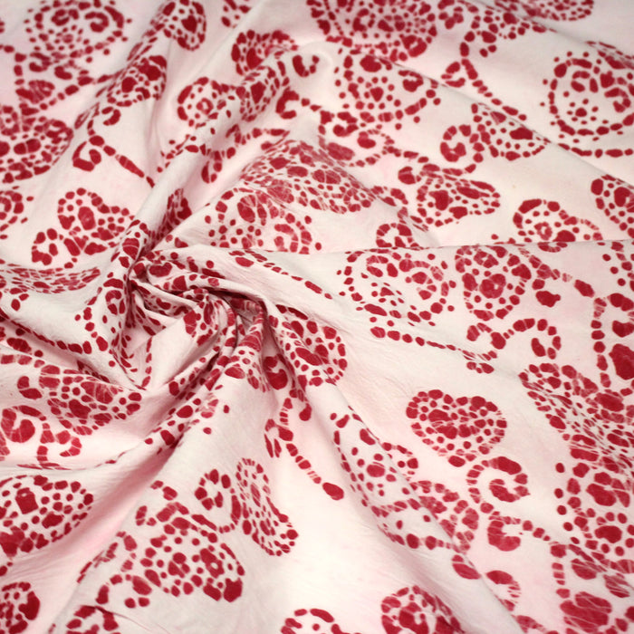 Tissu coton block print rose pâle aux coeurs roses rouges - MADE IN INDIA