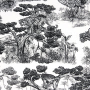 Tissu Toile de Jouy moderne noire, forêt tropicale, singes et léopards - COLLECTION ANIMALIA, par la maison Thevenon - TissusPapi.com