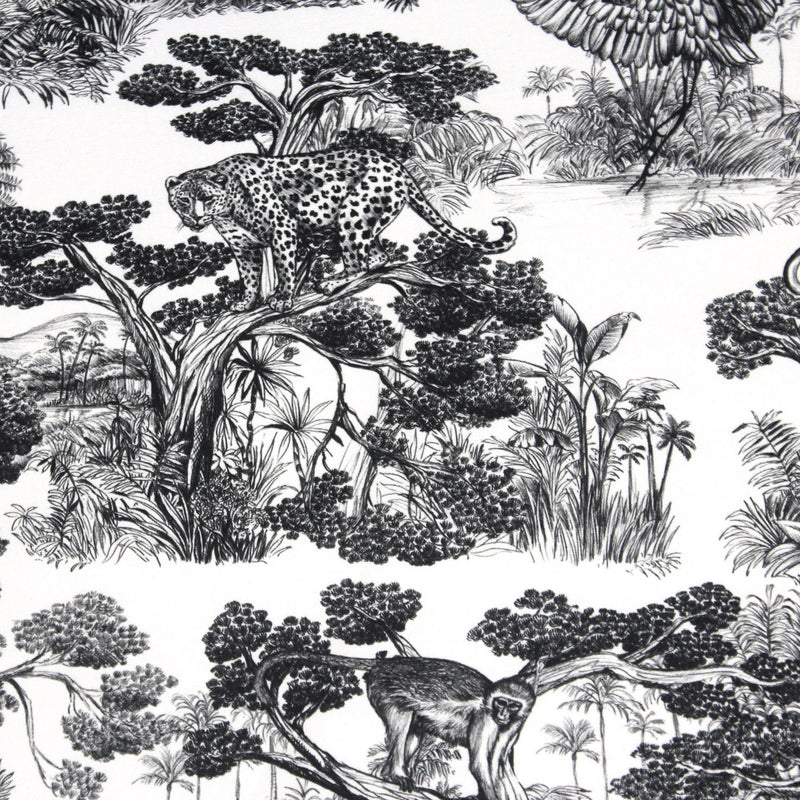Tissu Toile de Jouy moderne noire, forêt tropicale, singes et léopards - COLLECTION ANIMALIA, par la maison Thevenon - TissusPapi.com