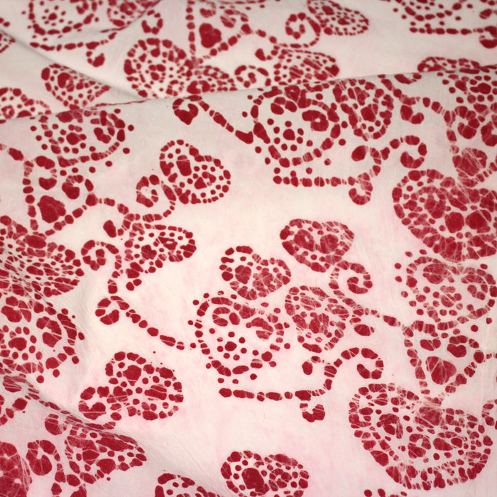 Tissu coton block print rose pâle aux coeurs roses rouges - MADE IN INDIA