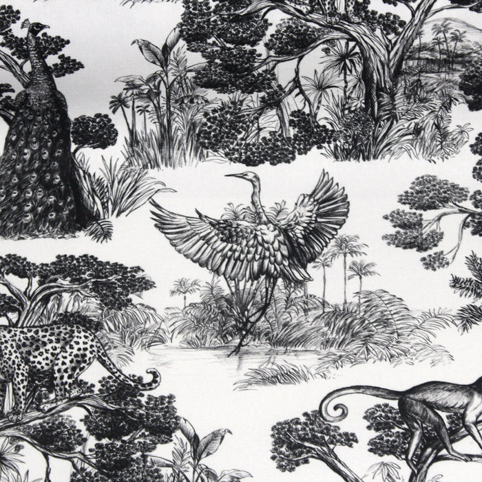 Tissu Toile de Jouy moderne noire, forêt tropicale, singes et léopards - COLLECTION ANIMALIA, par la maison Thevenon