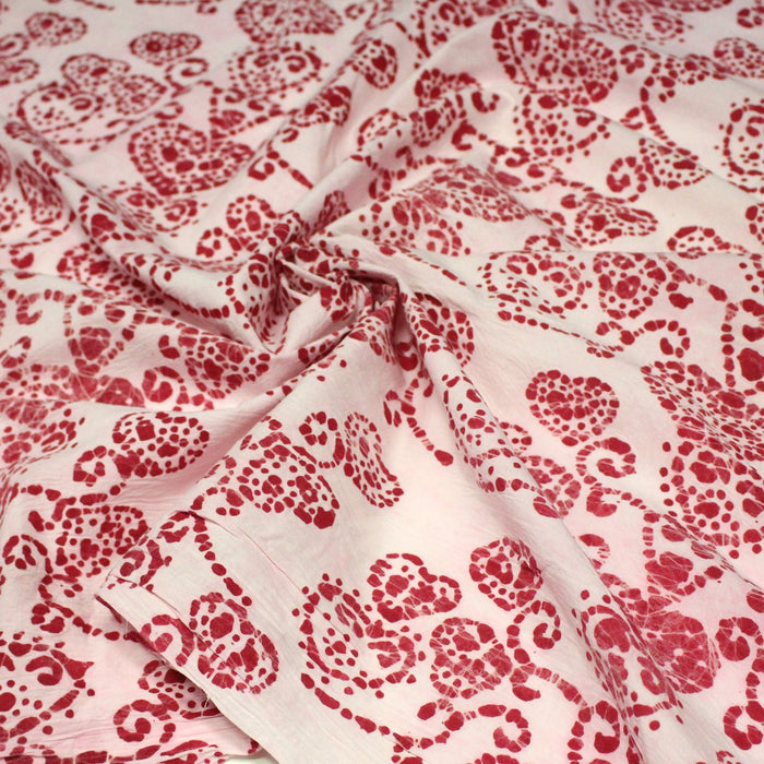 Tissu coton block print rose pâle aux coeurs roses rouges - MADE IN INDIA