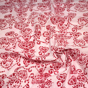 Tissu coton block print rose pâle aux coeurs roses rouges - MADE IN INDIA - TissusPapi.com