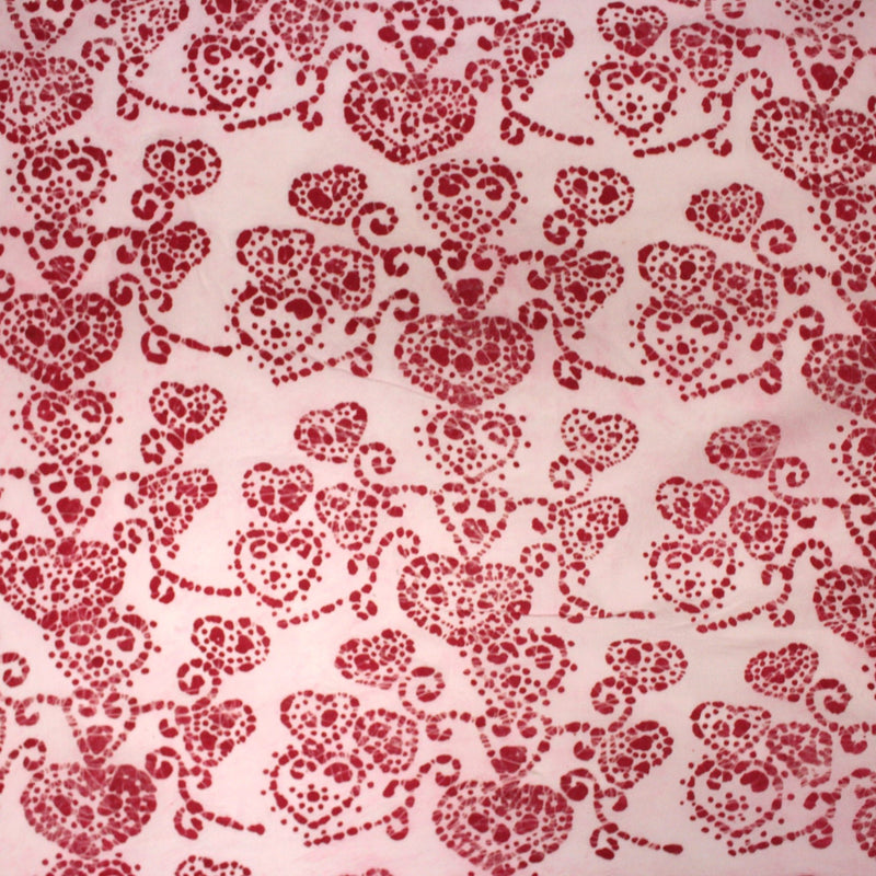 Tissu coton block print rose pâle aux coeurs roses rouges - MADE IN INDIA - TissusPapi.com