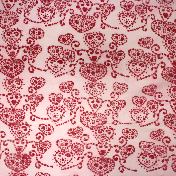 Tissu coton block print rose pâle aux coeurs roses rouges - MADE IN INDIA