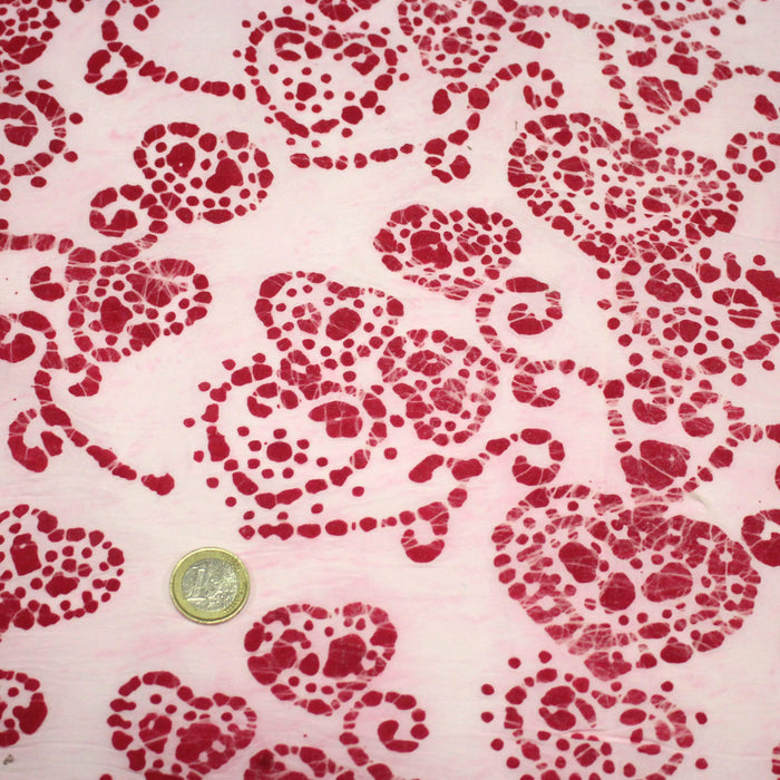 Tissu coton block print rose pâle aux coeurs roses rouges - MADE IN INDIA