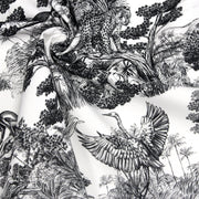 Tissu Toile de Jouy moderne noire, forêt tropicale, singes et léopards - COLLECTION ANIMALIA, par la maison Thevenon - TissusPapi.com