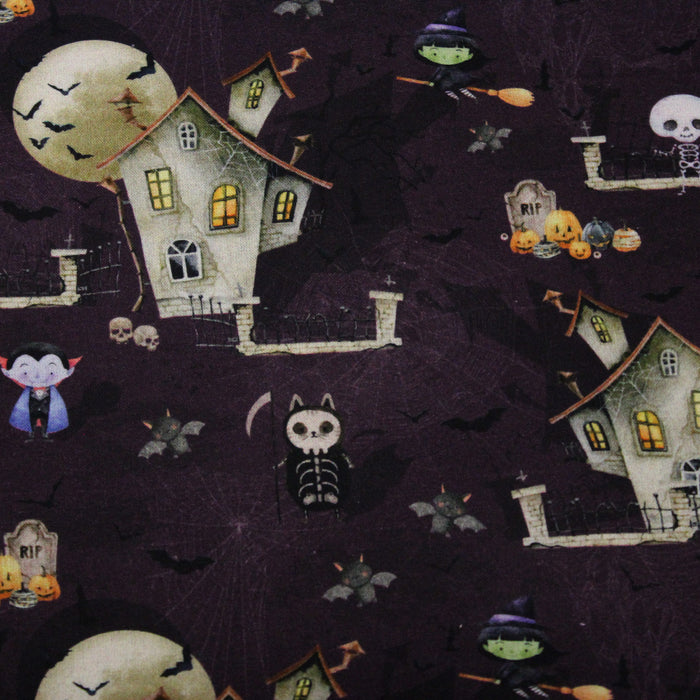 Tissu de coton La maison hantée, Dracula et sorcières - Collection Halloween - OEKO-TEX®