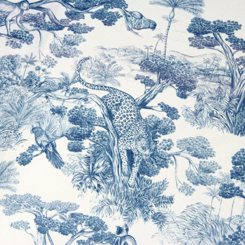 Tissu Toile de Jouy moderne bleue, forêt tropicale, singes et léopards - COLLECTION ANIMALIA, par la maison Thevenon - TissusPapi.com