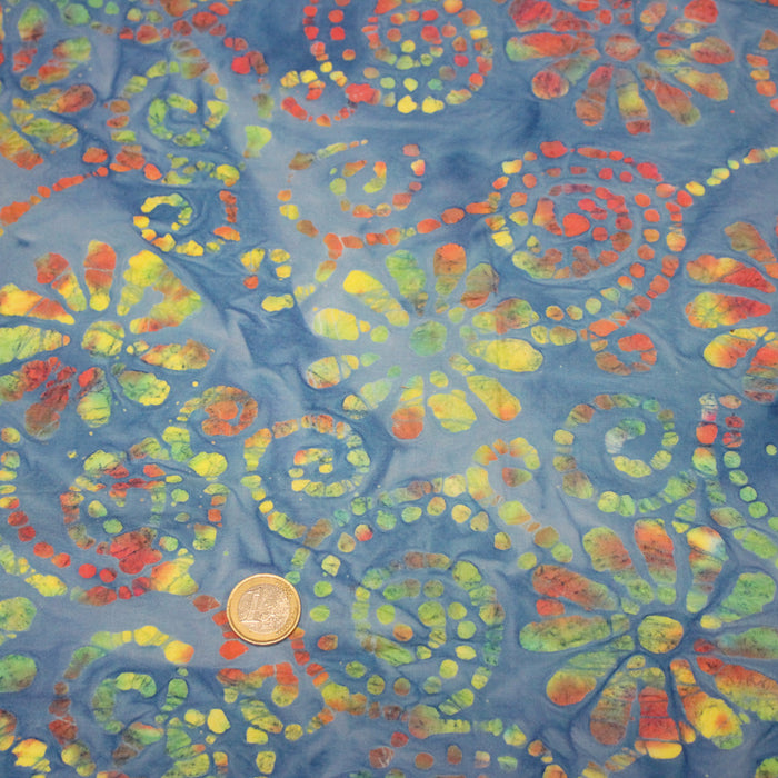 Tissu coton block print bleu aux fleurs et arabesques multicolores - MADE IN INDIA - TissusPapi.com