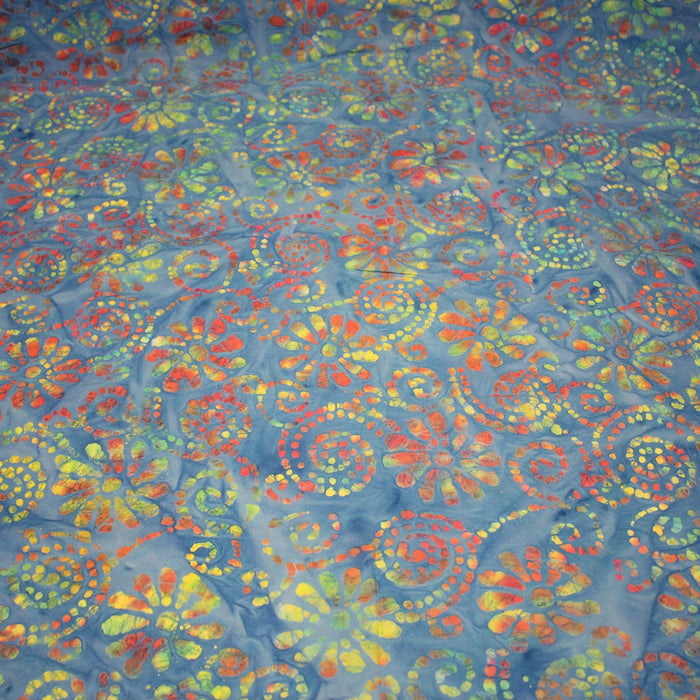 Tissu coton block print bleu aux fleurs et arabesques multicolores - MADE IN INDIA - TissusPapi.com