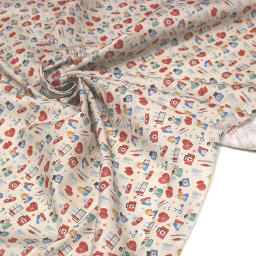 Tissu cotonnade motif médical docteurs et infirmières – fond écru - TissusPapi.com