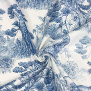 Tissu Toile de Jouy moderne bleue, forêt tropicale, singes et léopards - COLLECTION ANIMALIA, par la maison Thevenon - TissusPapi.com