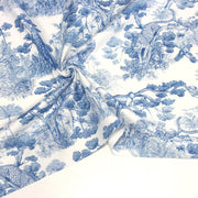 Tissu Toile de Jouy moderne bleue, forêt tropicale, singes et léopards - COLLECTION ANIMALIA, par la maison Thevenon - TissusPapi.com