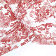 Tissu Toile de Jouy moderne rouge, forêt tropicale, singes et léopards - COLLECTION ANIMALIA, par la maison Thevenon - TissusPapi.com