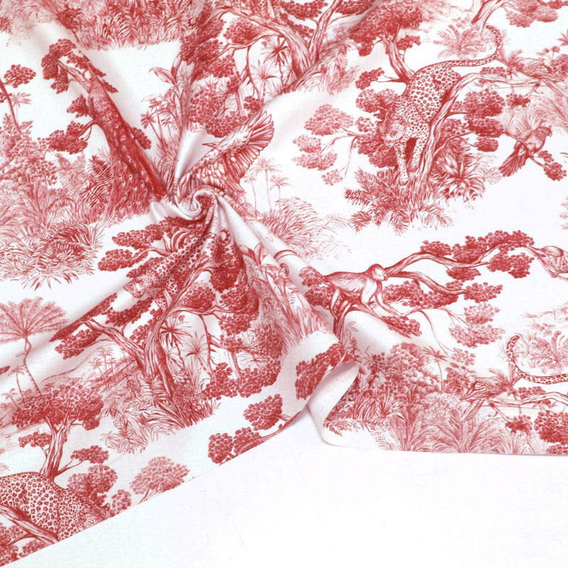 Tissu Toile de Jouy moderne rouge, forêt tropicale, singes et léopards - COLLECTION ANIMALIA, par la maison Thevenon - TissusPapi.com