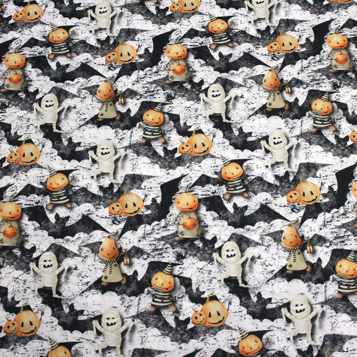 Tissu de coton aux citrouilles déguisées et momies - Collection Halloween - OEKO-TEX®