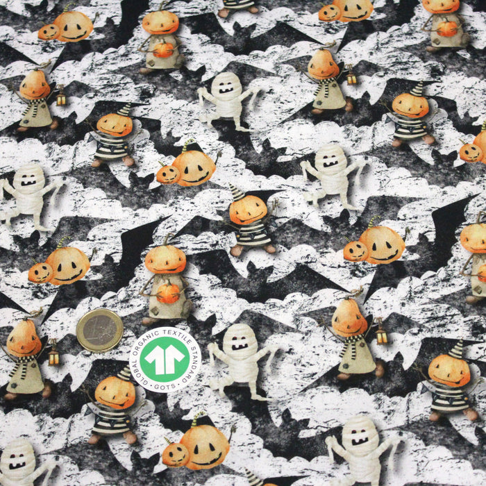 Tissu de coton aux citrouilles déguisées et momies - Collection Halloween - OEKO-TEX®