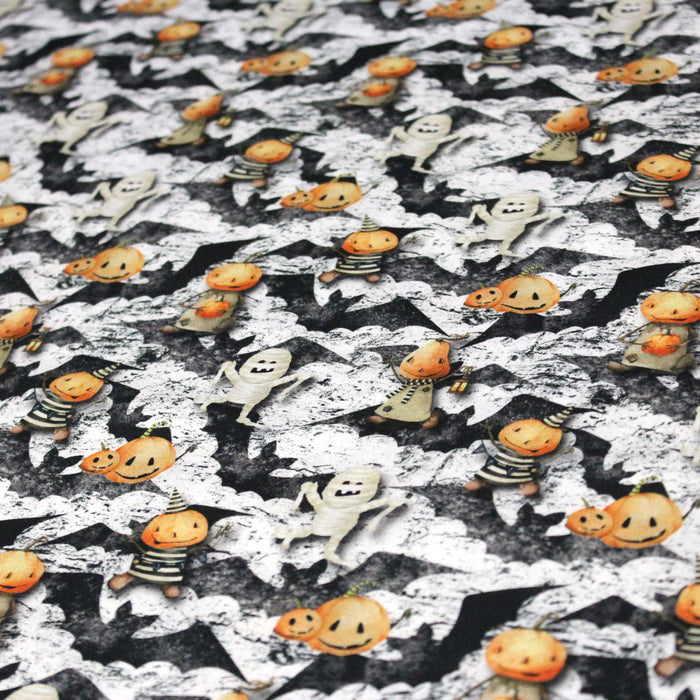 Tissu de coton aux citrouilles déguisées et momies - Collection Halloween - OEKO-TEX®