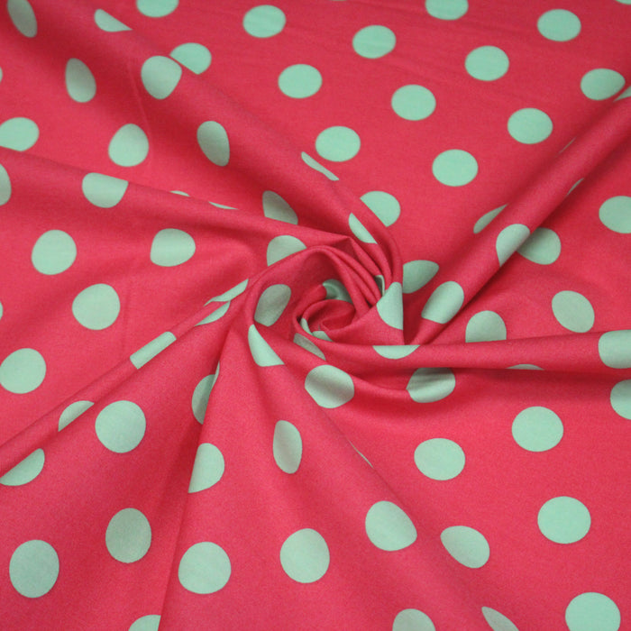 Tissu popeline de coton rouge magenta à pois vert clair 18mm - COLLECTION POLKA DOT