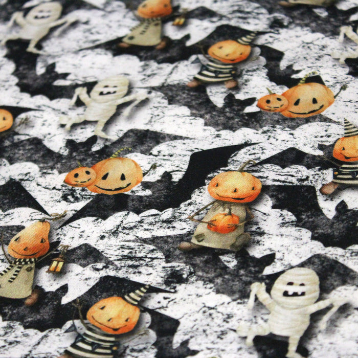 Tissu de coton aux citrouilles déguisées et momies - Collection Halloween - OEKO-TEX®