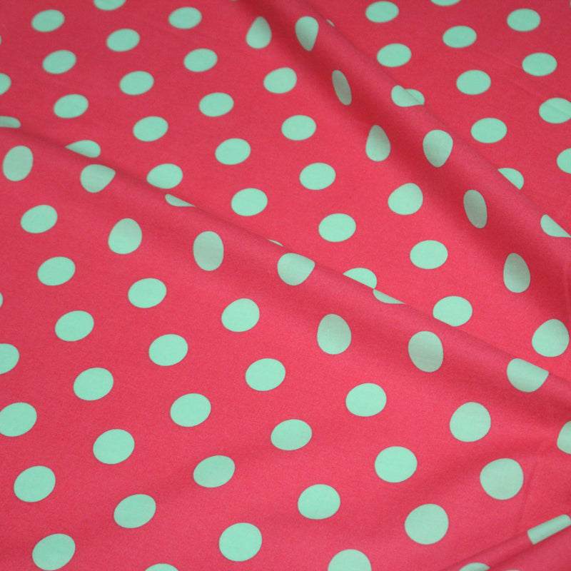 Tissu popeline de coton rouge magenta à pois vert clair 18mm - COLLECTION POLKA DOT - TissusPapi.com