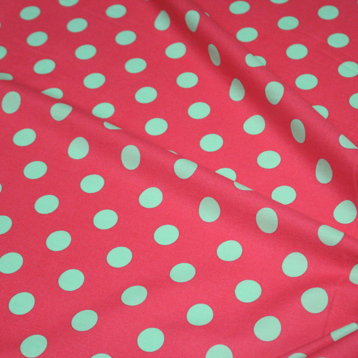 Tissu popeline de coton rouge magenta à pois vert clair 18mm - COLLECTION POLKA DOT