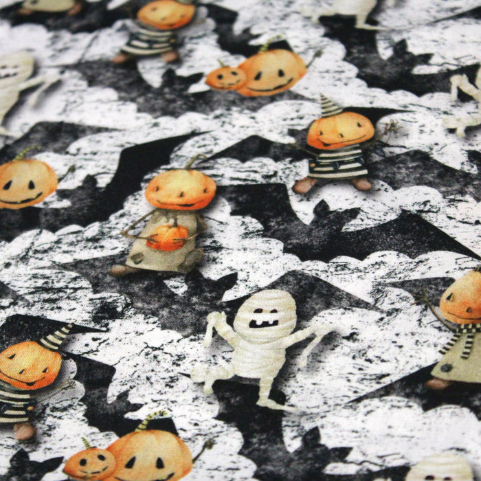 Tissu de coton aux citrouilles déguisées et momies - Collection Halloween - OEKO-TEX®