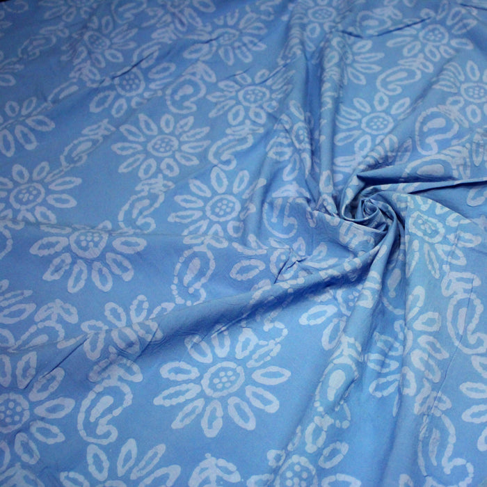 Tissu coton block print bleu aux fleurs bleu ciel - MADE IN INDIA