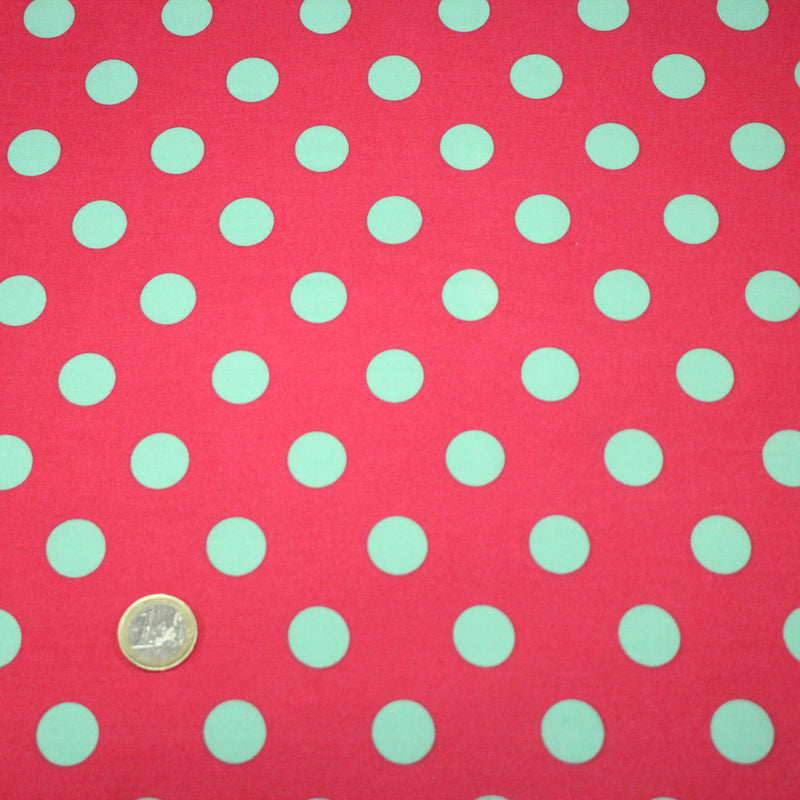 Tissu popeline de coton rouge magenta à pois vert clair 18mm - COLLECTION POLKA DOT - TissusPapi.com