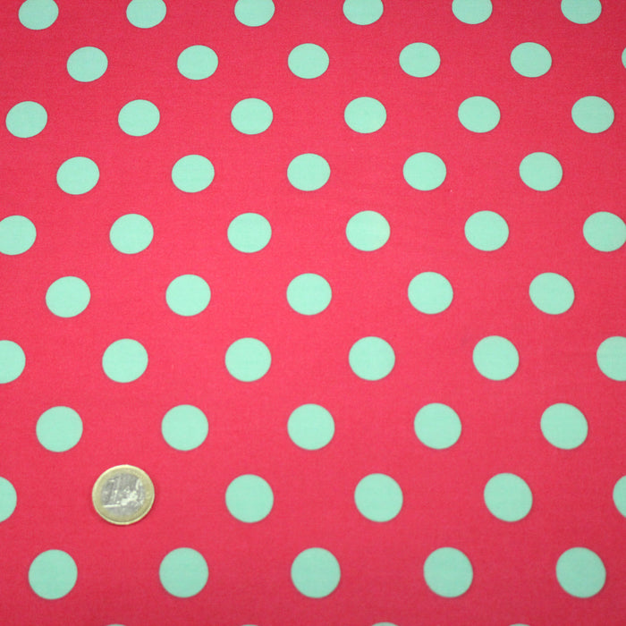 Tissu popeline de coton rouge magenta à pois vert clair 18mm - COLLECTION POLKA DOT