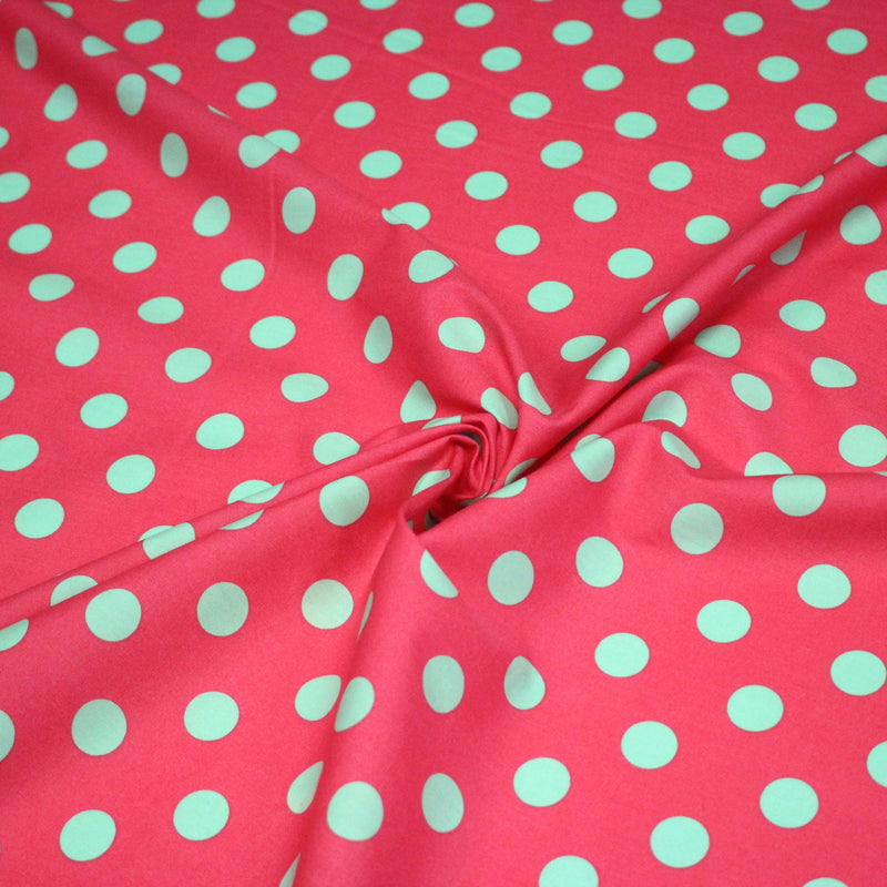 Tissu popeline de coton rouge magenta à pois vert clair 18mm - COLLECTION POLKA DOT - TissusPapi.com