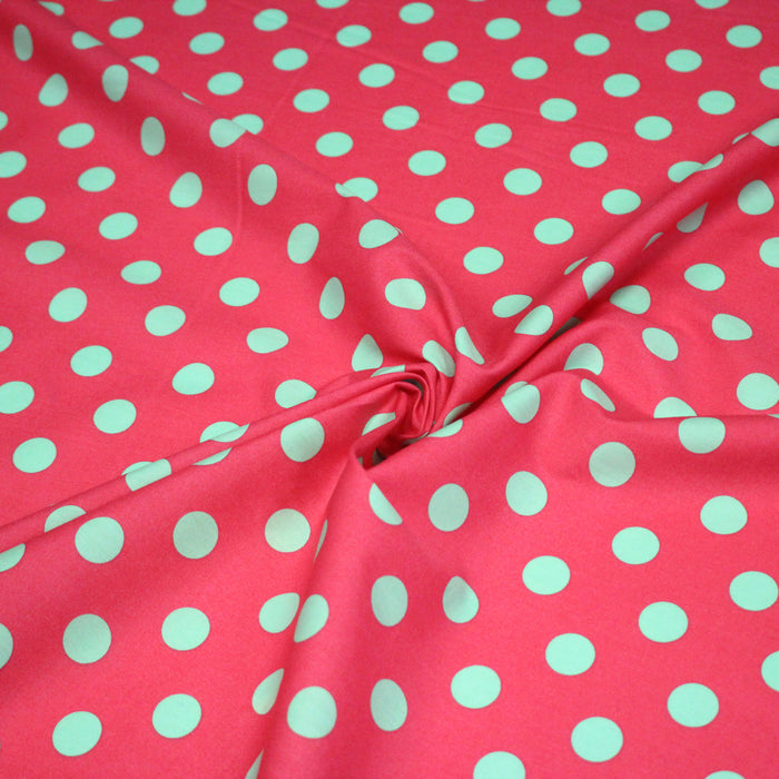 Tissu popeline de coton rouge magenta à pois vert clair 18mm - COLLECTION POLKA DOT