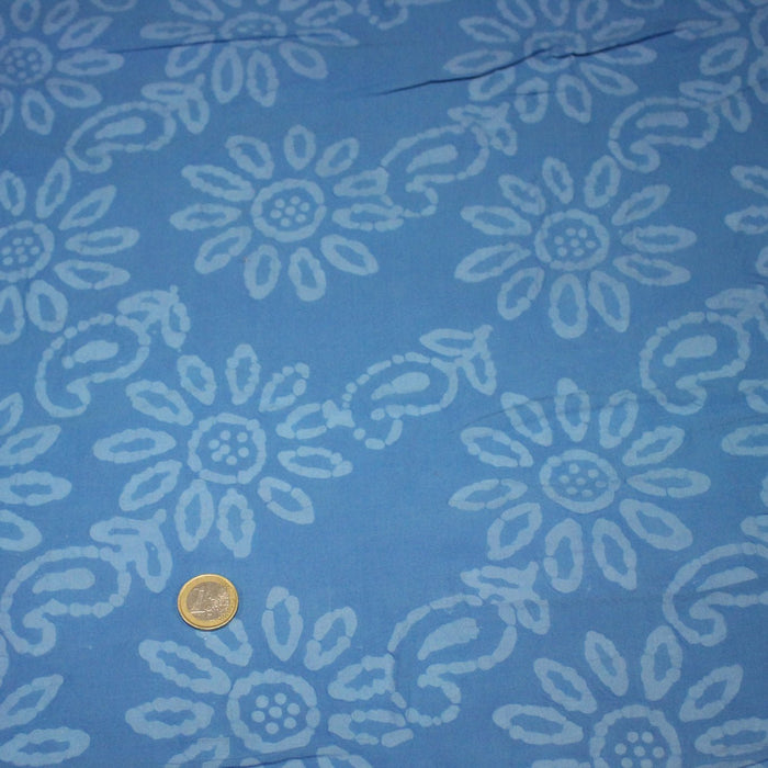 Tissu coton block print bleu aux fleurs bleu ciel - MADE IN INDIA