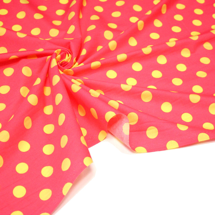 Tissu popeline de coton rose à pois jaunes 18mm - COLLECTION POLKA DOT